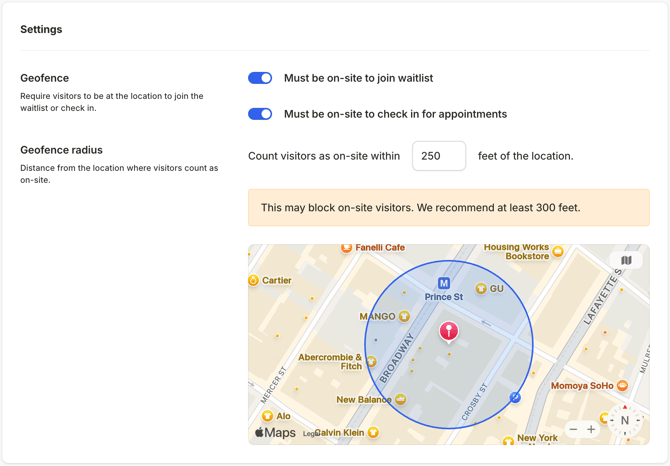 Geofencing setting